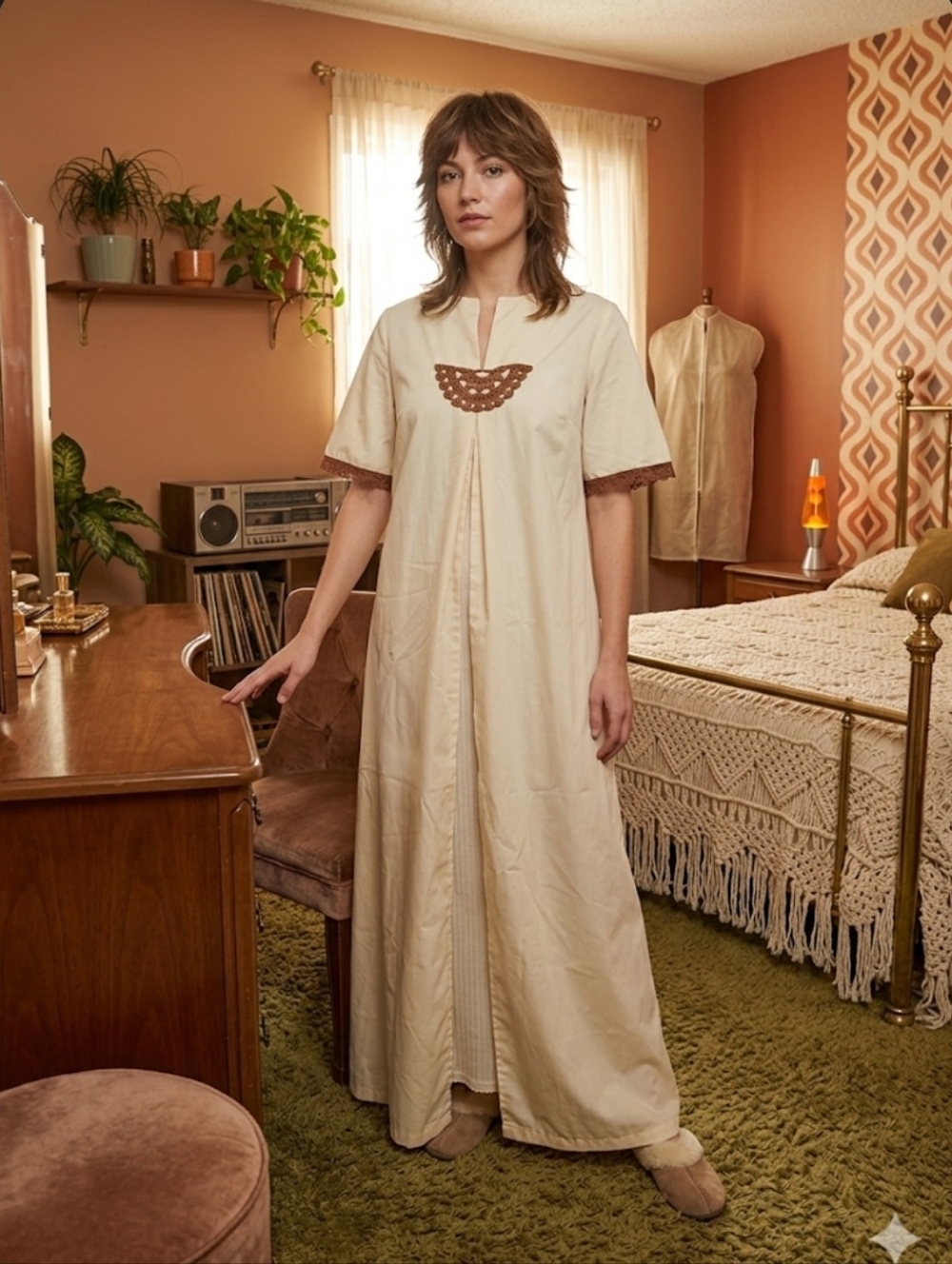 New vtg 70s Sears long ivory loungewear M housedress